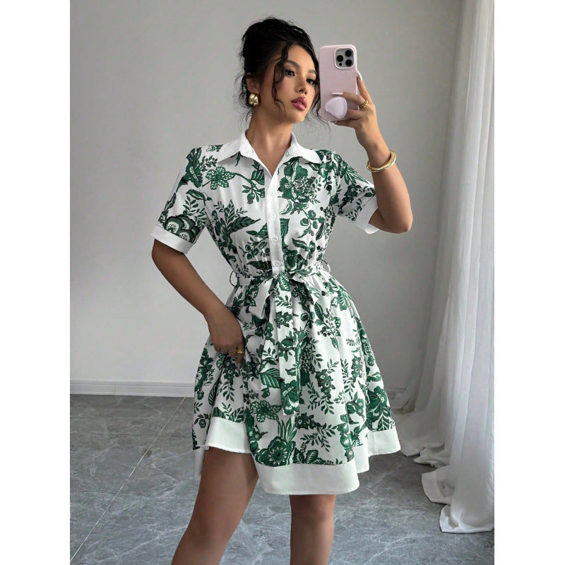 Fashion Slim Waist Printed Belt Short Sleeve Dress 6