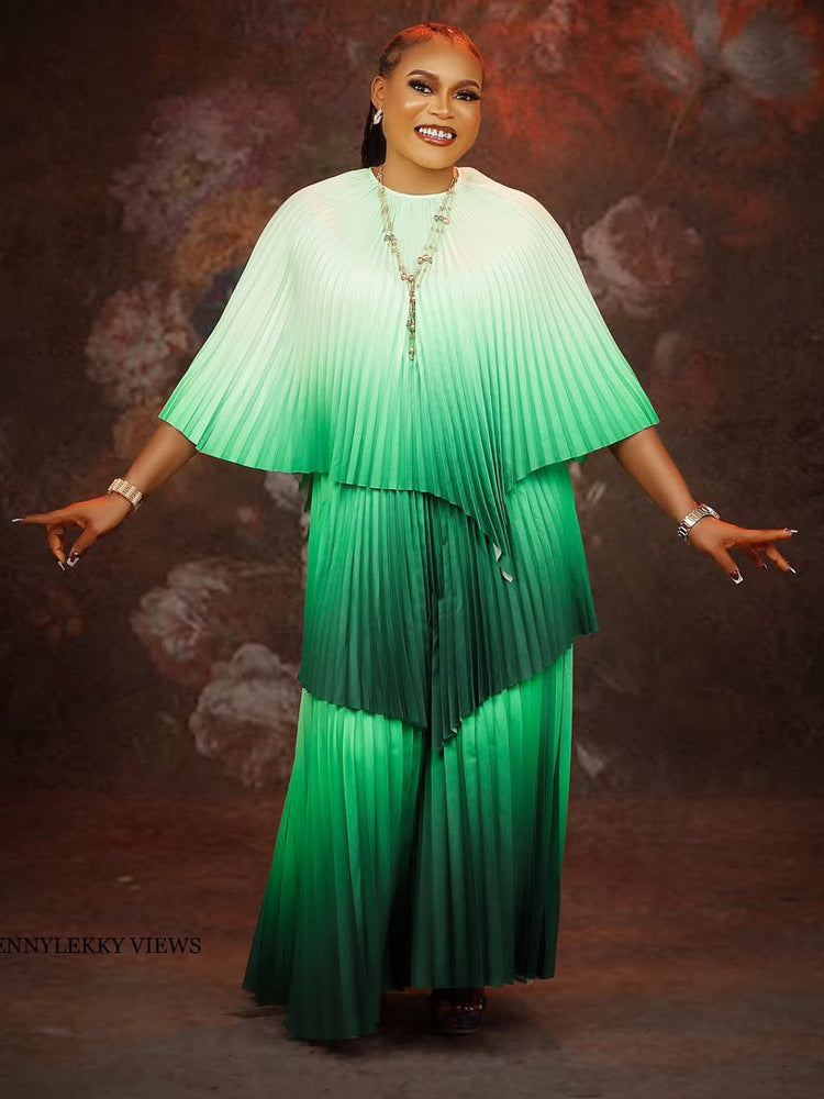 Plus Size women's clothing Slim Fit two-piece pleated gradient top pleated long skirt 12