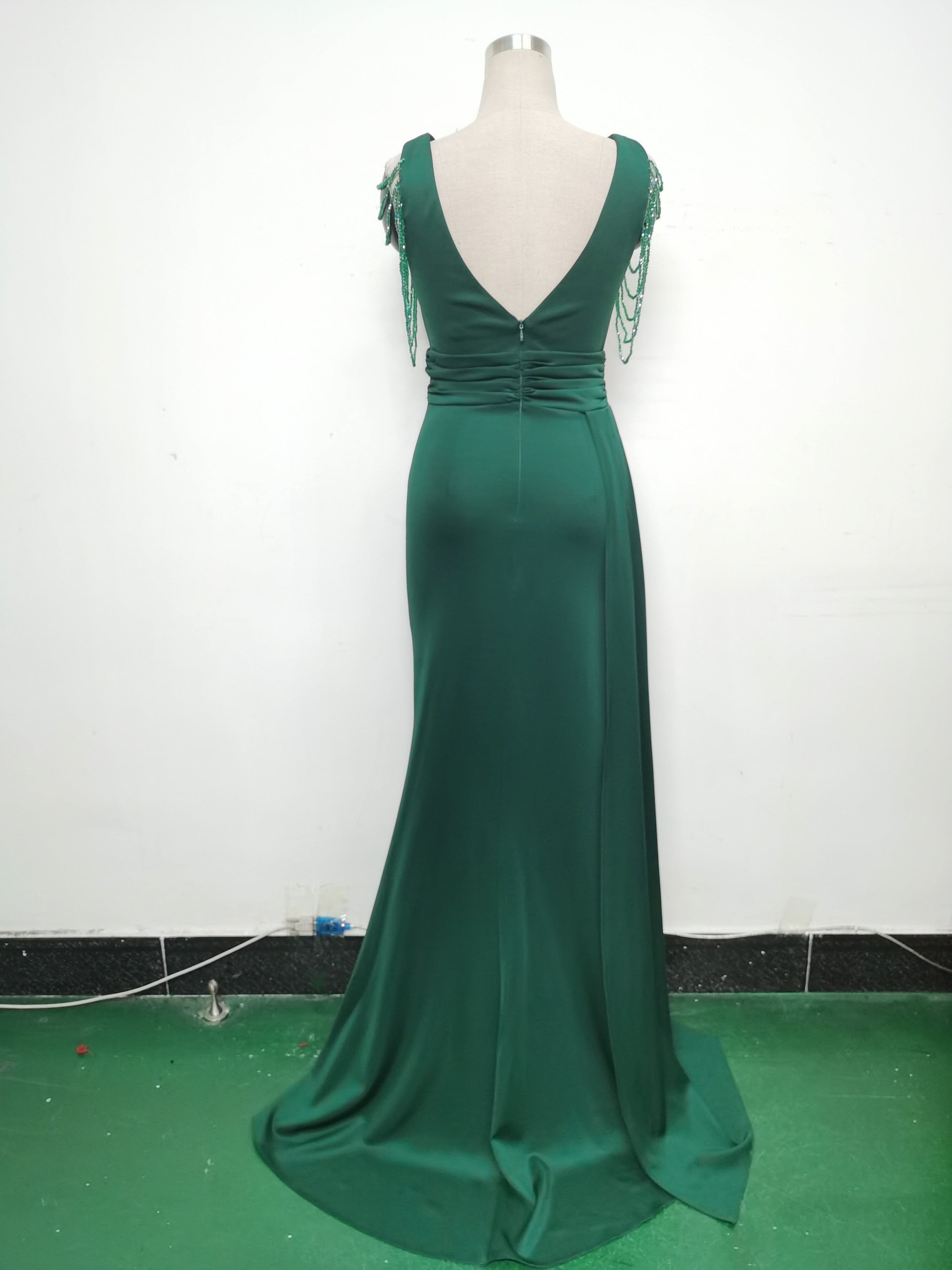 Women Satin Pleated Beaded Evening Dress 27