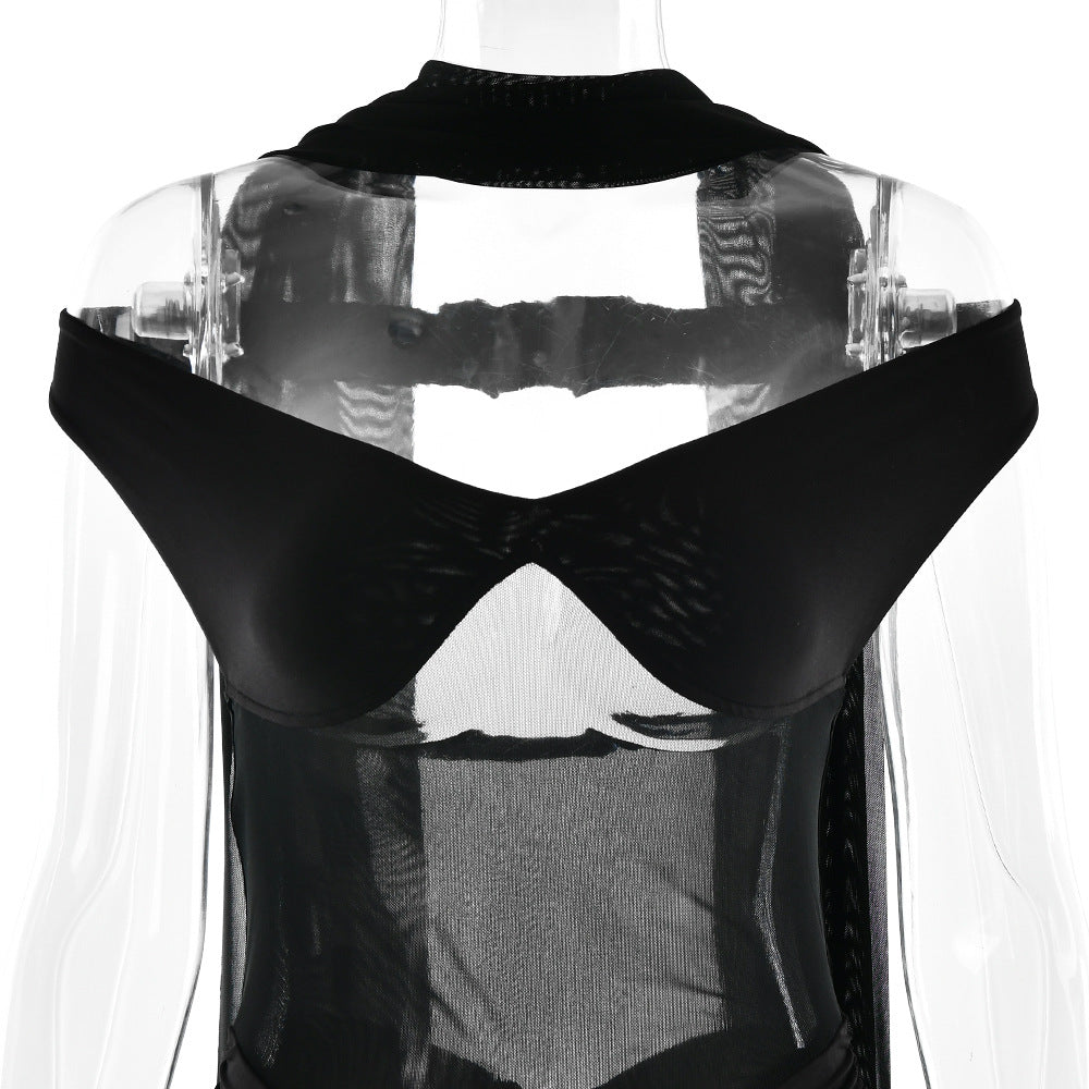 Summer Elegant Strapless Mesh Patchwork Ruffle Slit Dress 19