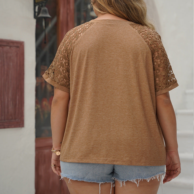 Plus Size Loose Hollow Short Sleeve Round Neck Top 3
