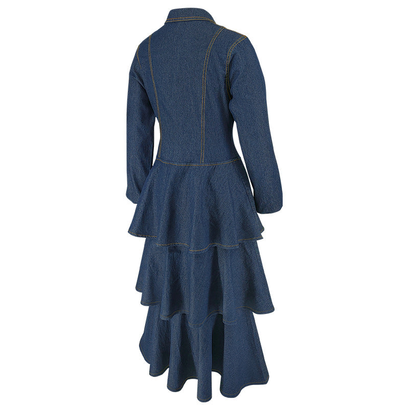 Women's Clothing Turndown Collar Long Sleeve Cascading Ruffles  Denim Long Dress 5
