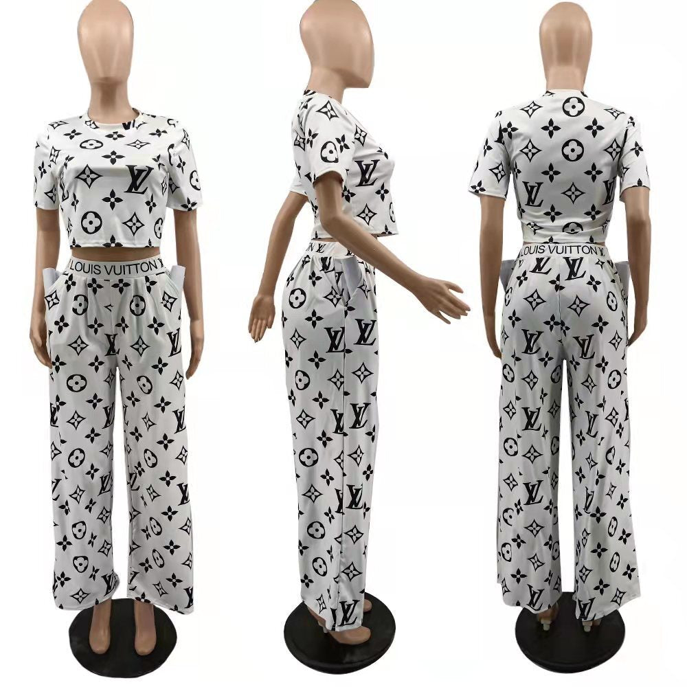 Women's Summer Sexy Short Sleeve Wide Leg Two-Piece Pants Set 14