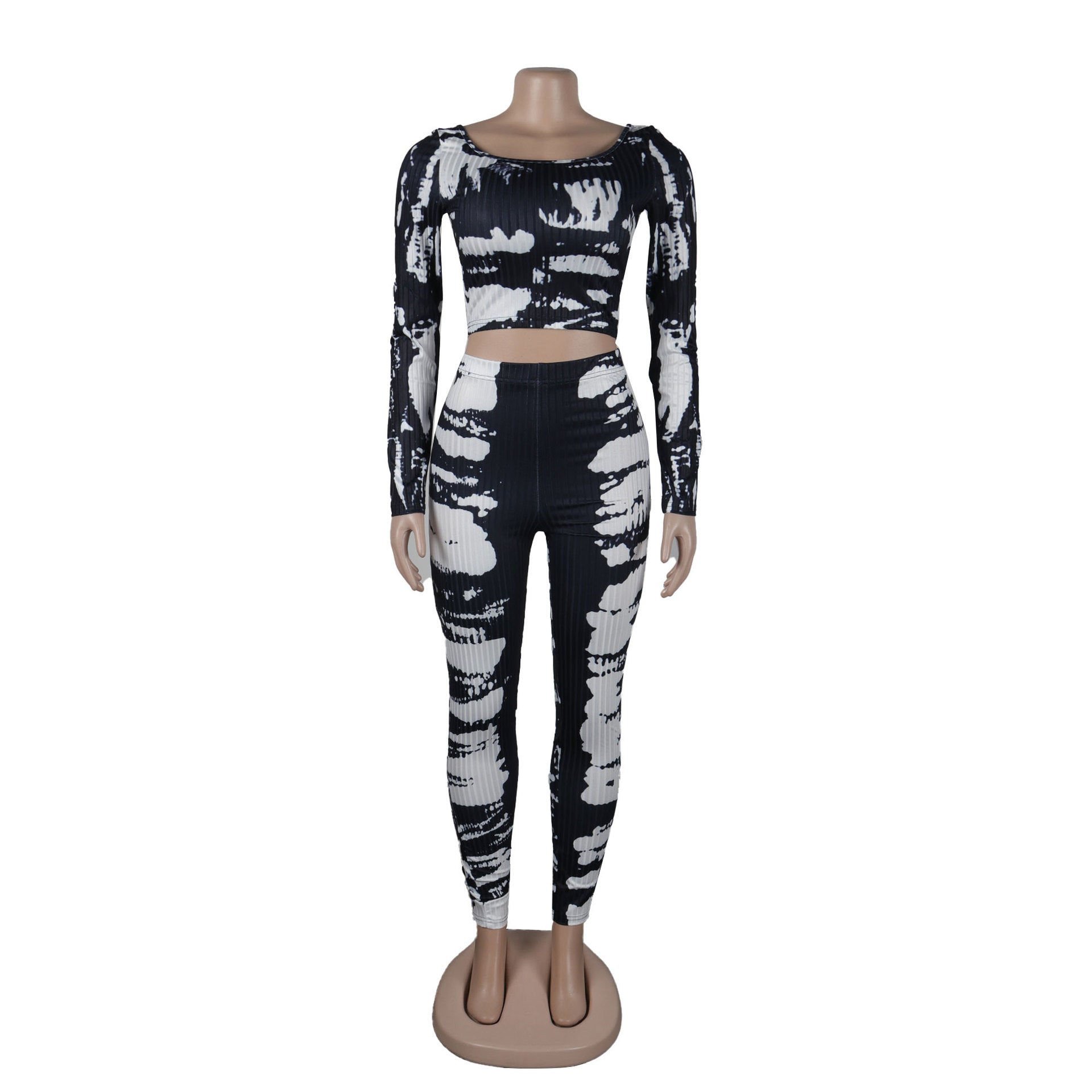 Sexy Printed Slim Fit Stretch Ribbed Two-Piece Pants Set 8