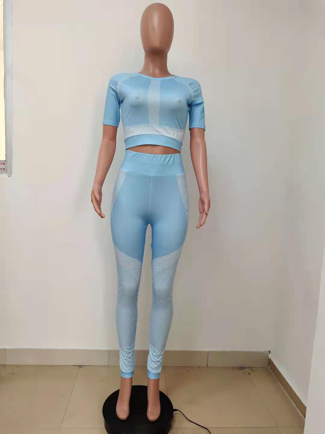 Women Summer Printed Short Sleeve Yoga Two-piece Set 7