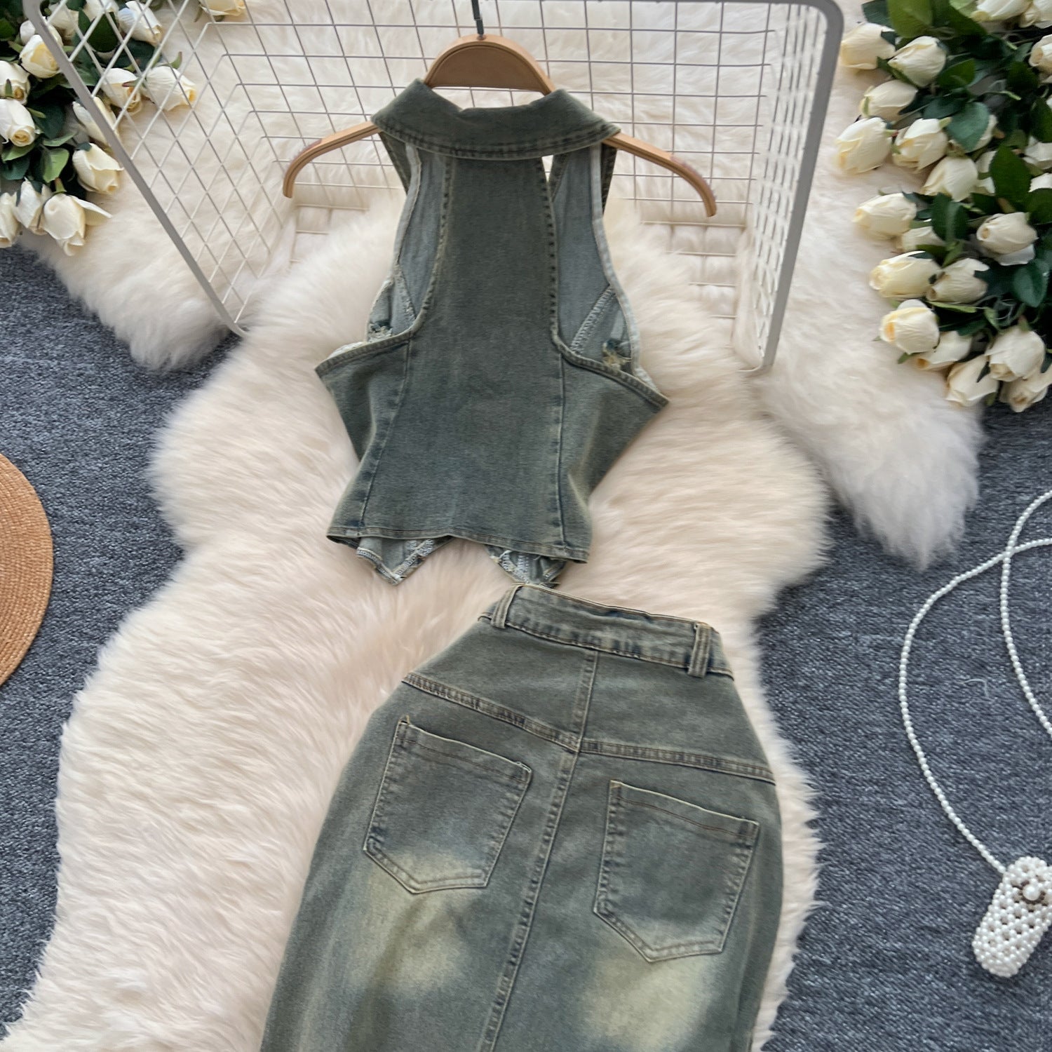 Turn Down Collar Distressed Denim Halter Top Slit Skirt Set 8