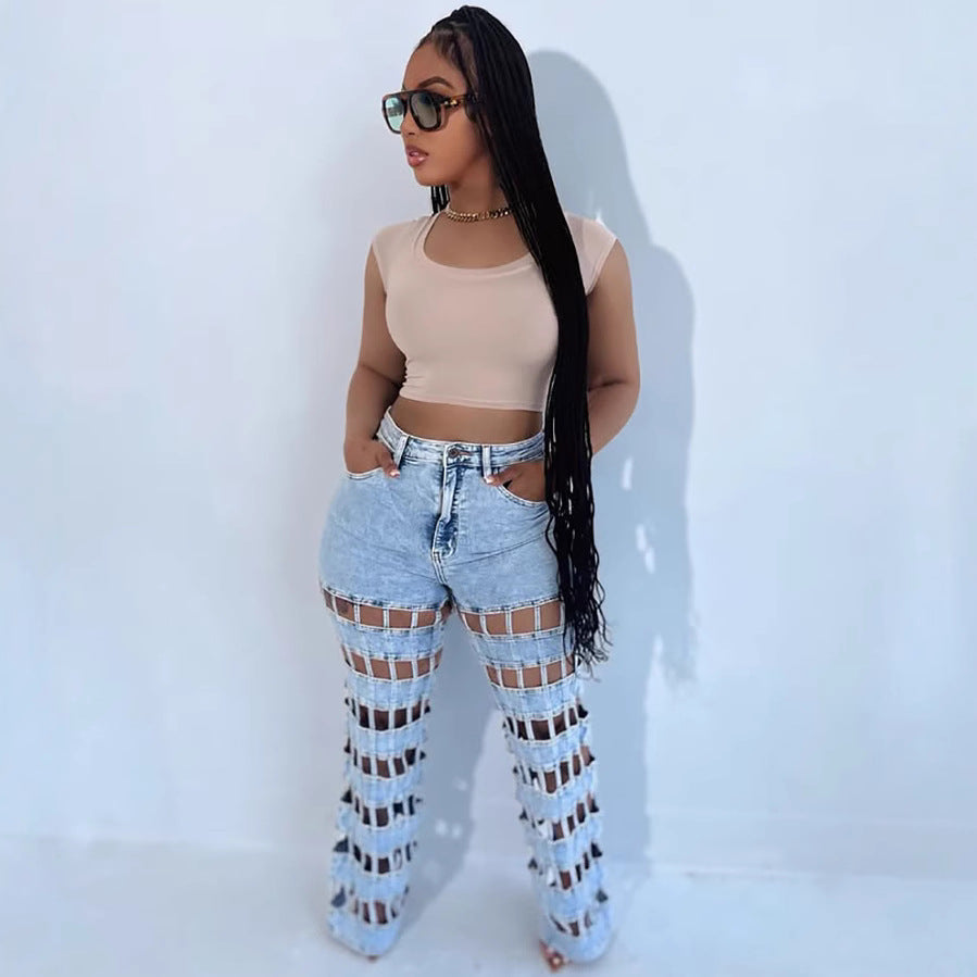 Women trendy hollow ripped checkered denim pants 5