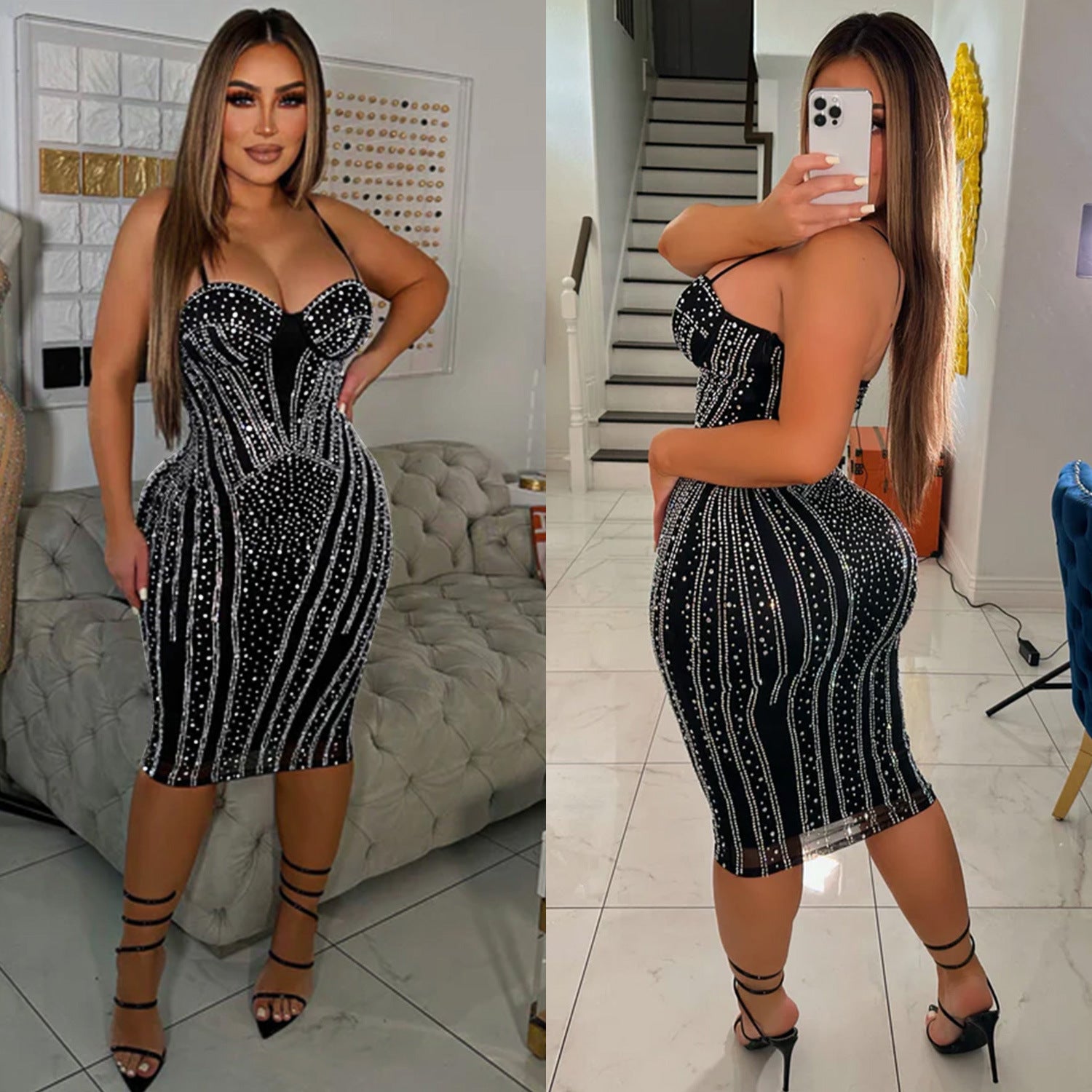 Fashion Women's Solid Color Sexy Beaded Mesh Strap Dress