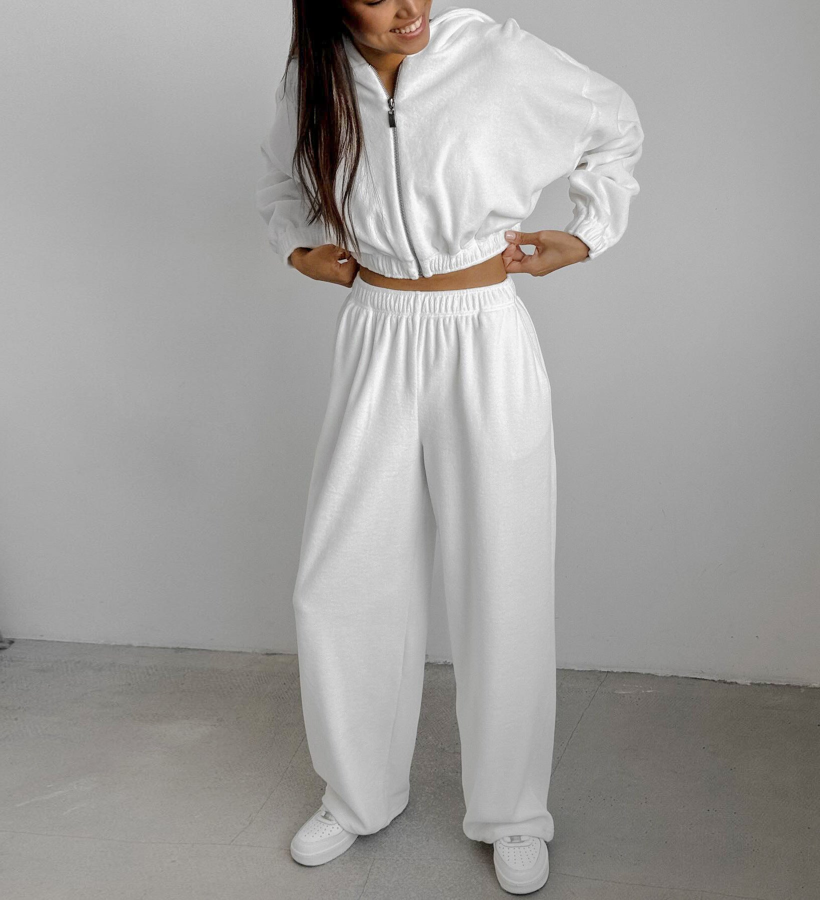 Women Autumn and Winter White Casual knitting velvet Hooded Long Sleeve Top and Pants Two Piece Set