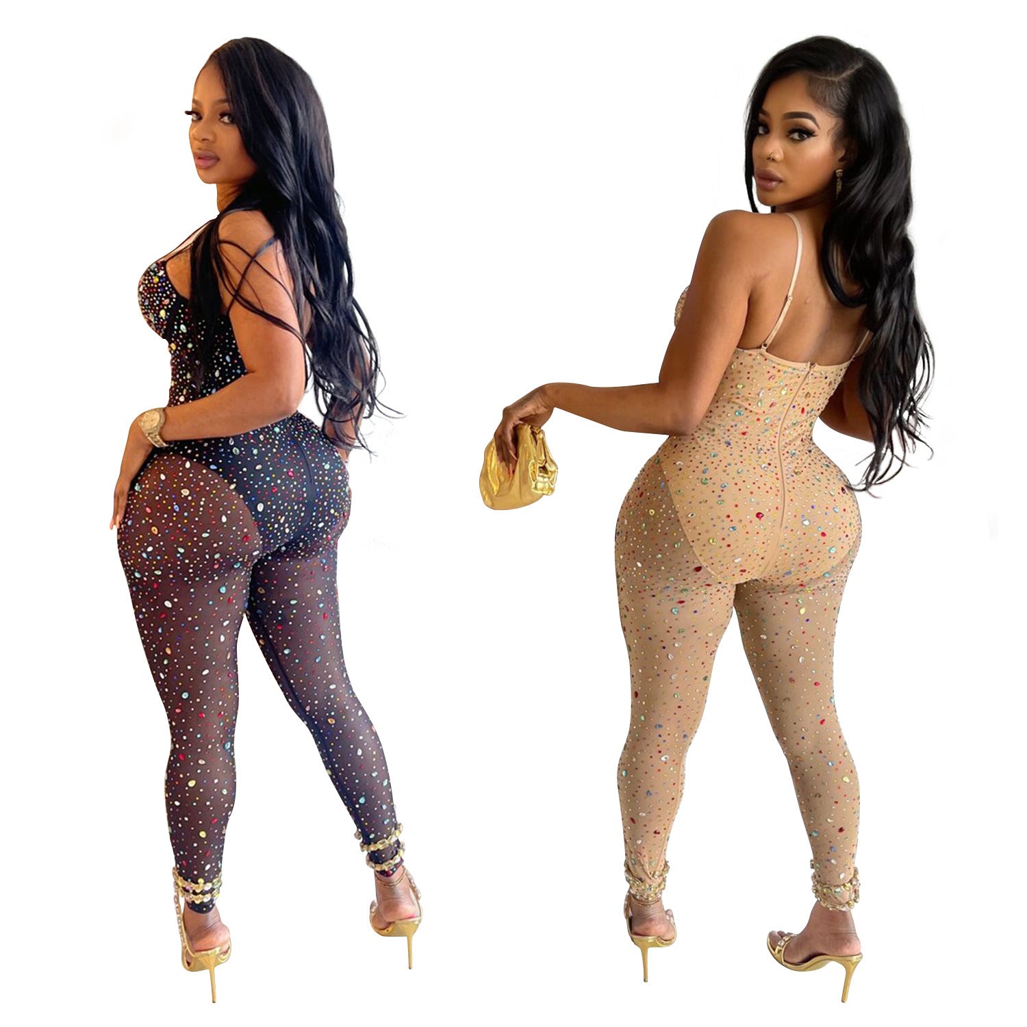 Women Solid Mesh Beaded Sleeveless Jumpsuit 7