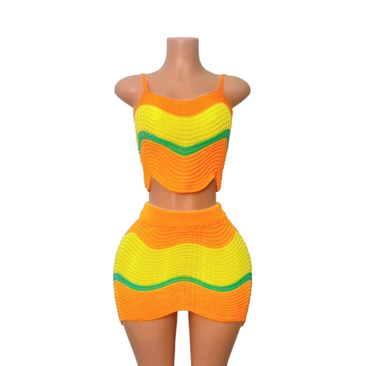 Women Holiday Multi-Color Knitting halter top and skirt with wavy pattern and hollowed-out lace. 8