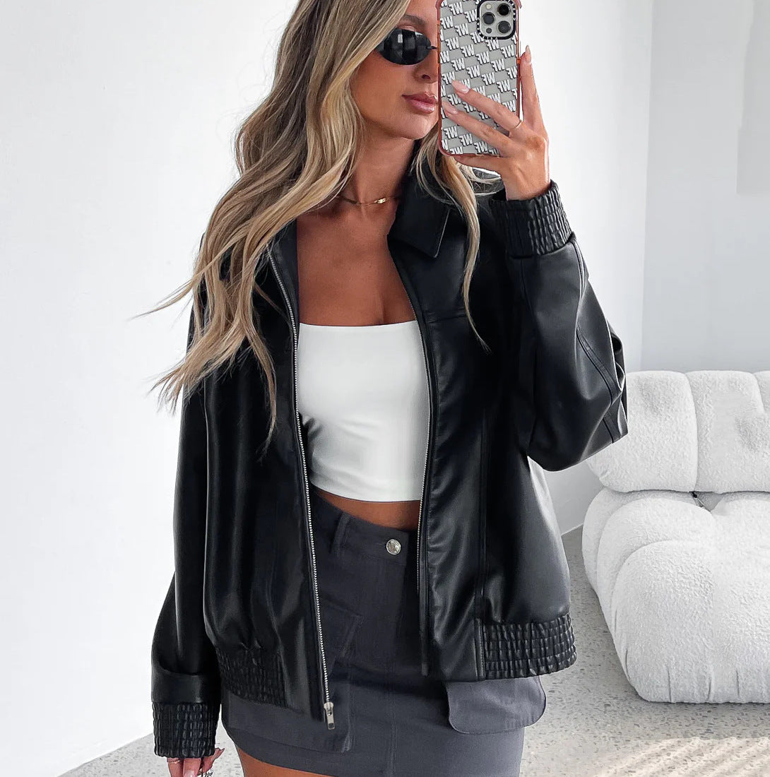 Women Fall/Winter Pu-Leather Long-Sleeve Zippered Sport Baseball Jacket 3