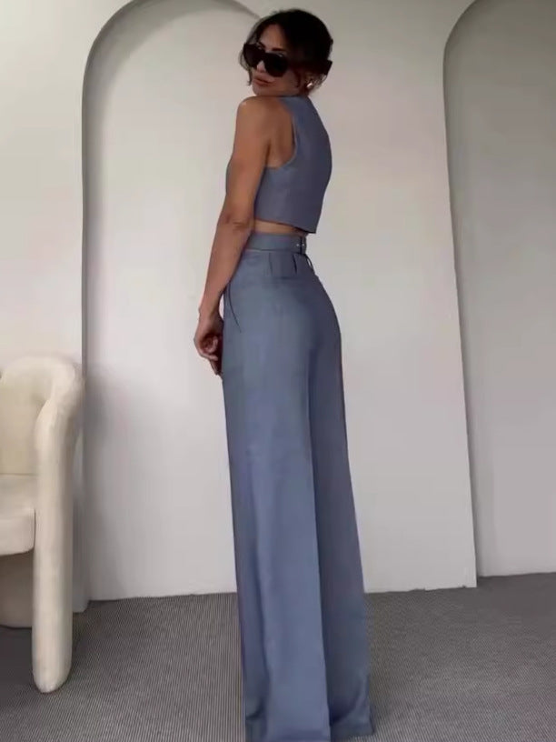 Women Summer Solid Round Neck Sleeveless Vest and Wide-leg Pants Two-piece Set 3