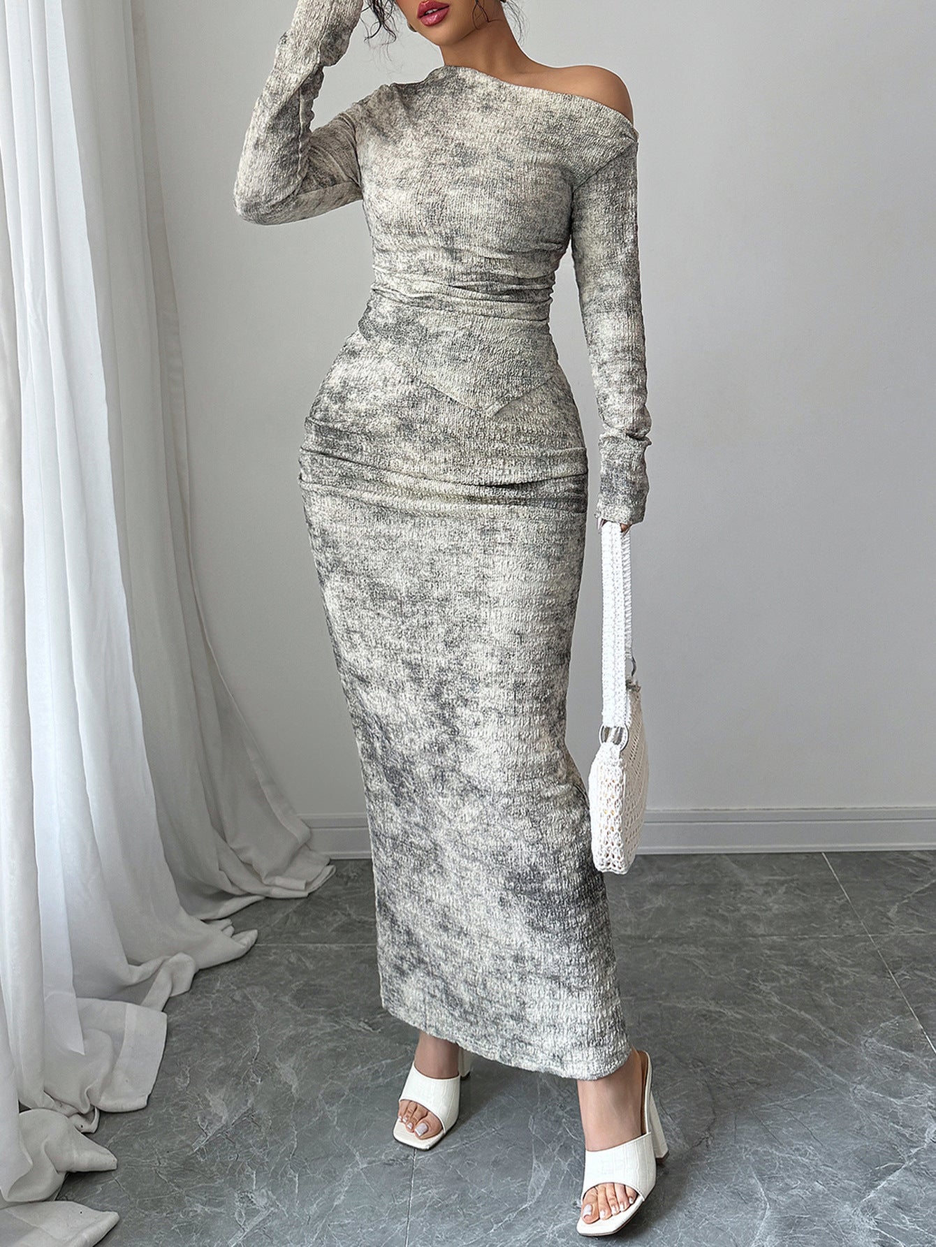 Women Elegant Slash Shoulder long-sleeved top and Skirt two-piece set 3