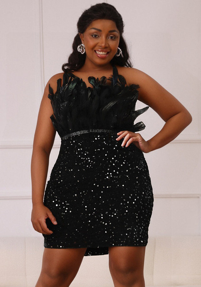 Women sleeveless sexy sequined Stretchy feather Strapless Bodycon Dress