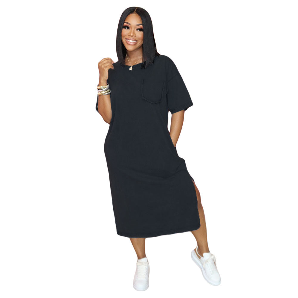 Women's Fashion Pocket Loose Solid Color Short Sleeve Dress 4