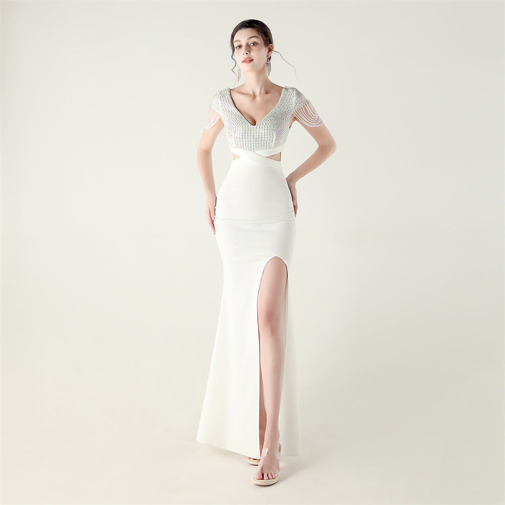 Beaded Chain Shoulder Deep V Hollow Slim Formal Party Evening Dress 14