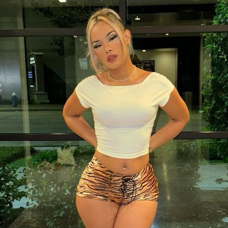 Women's clothing sexy tiger print Lace-up Tight Fitting shorts 4