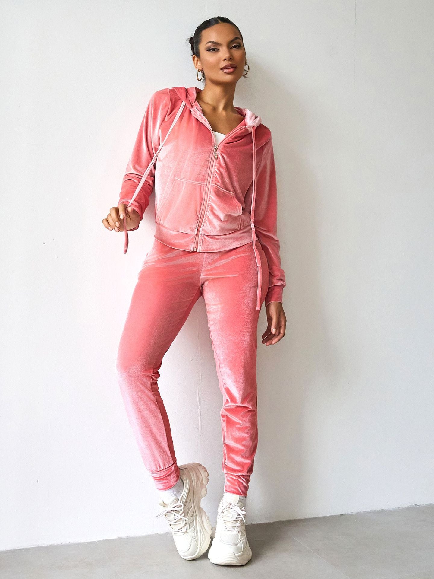 Fashion Velvet Hooded Zipper Hoodies Elastic Waist Trousers Two-Piece Set 10