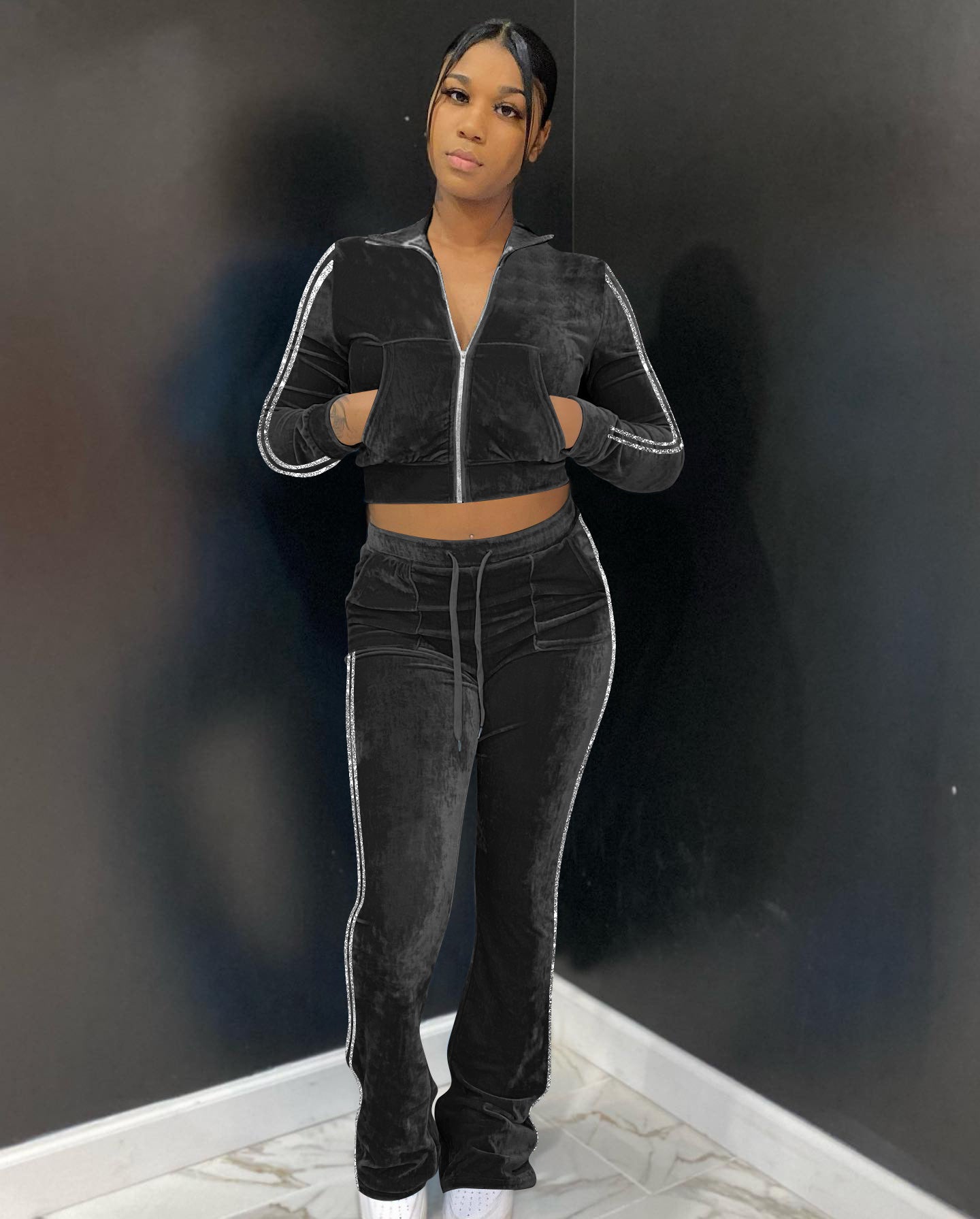 Women's Solid Velvet Casual Zip Top Wide Leg Pants Two Piece Tracksuit 24