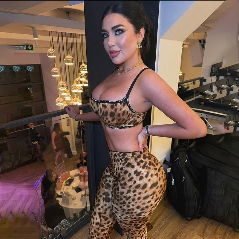 Women Spring Sexy Leopard Top and Pants Two-piece Set 5