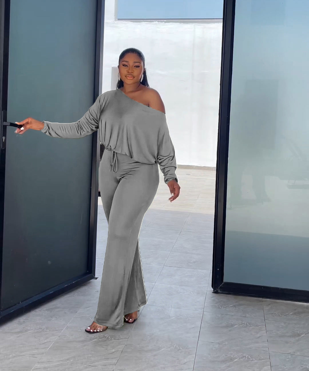 Women's Fashion Casual Solid Bat Sleeves Drawstring Jumpsuit