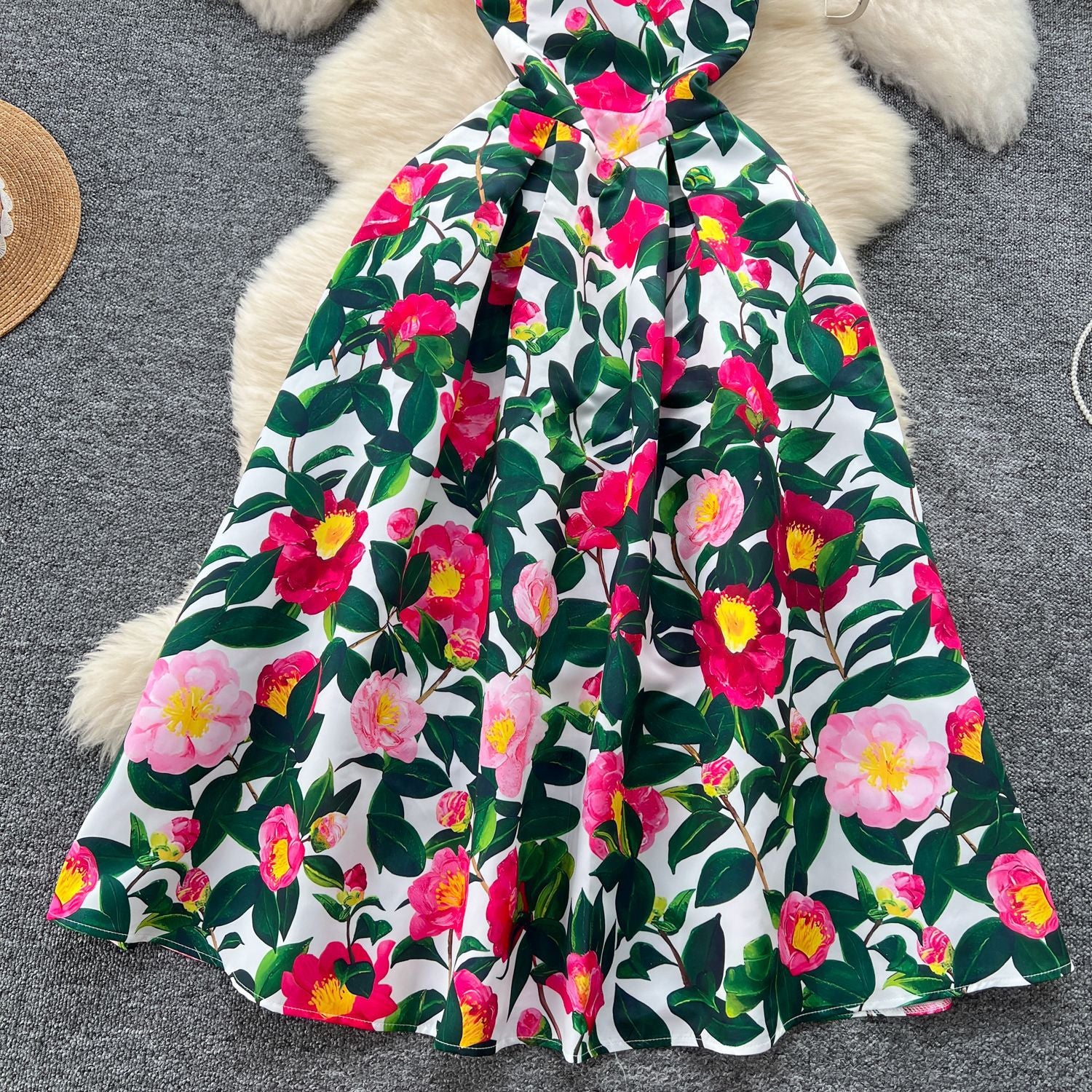 Fashion Printed Round Neck Slim Waist Pleated Flare Sleeveless Mini Dress 41