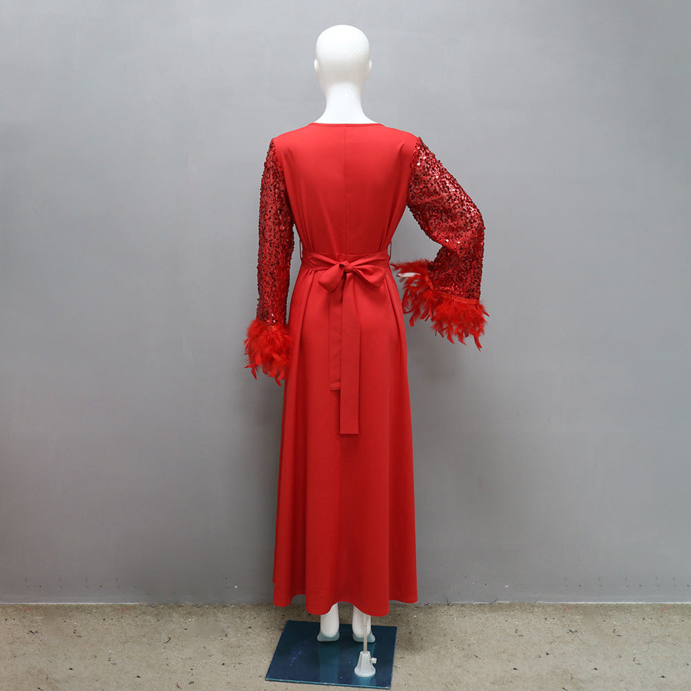 Dubai Arabian Sequin Patchwork Ironed Feather Robe 10