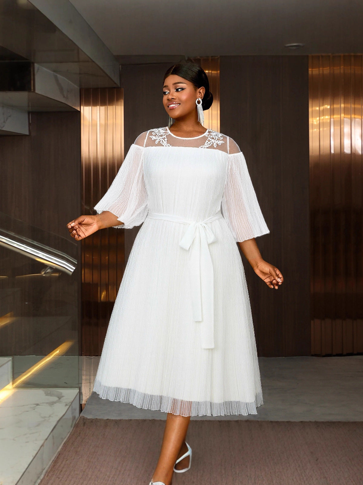 Plus-Size Women Elegant White Cutout Mesh Long-Sleeved Ruffled Belted Chiffon Dress 6