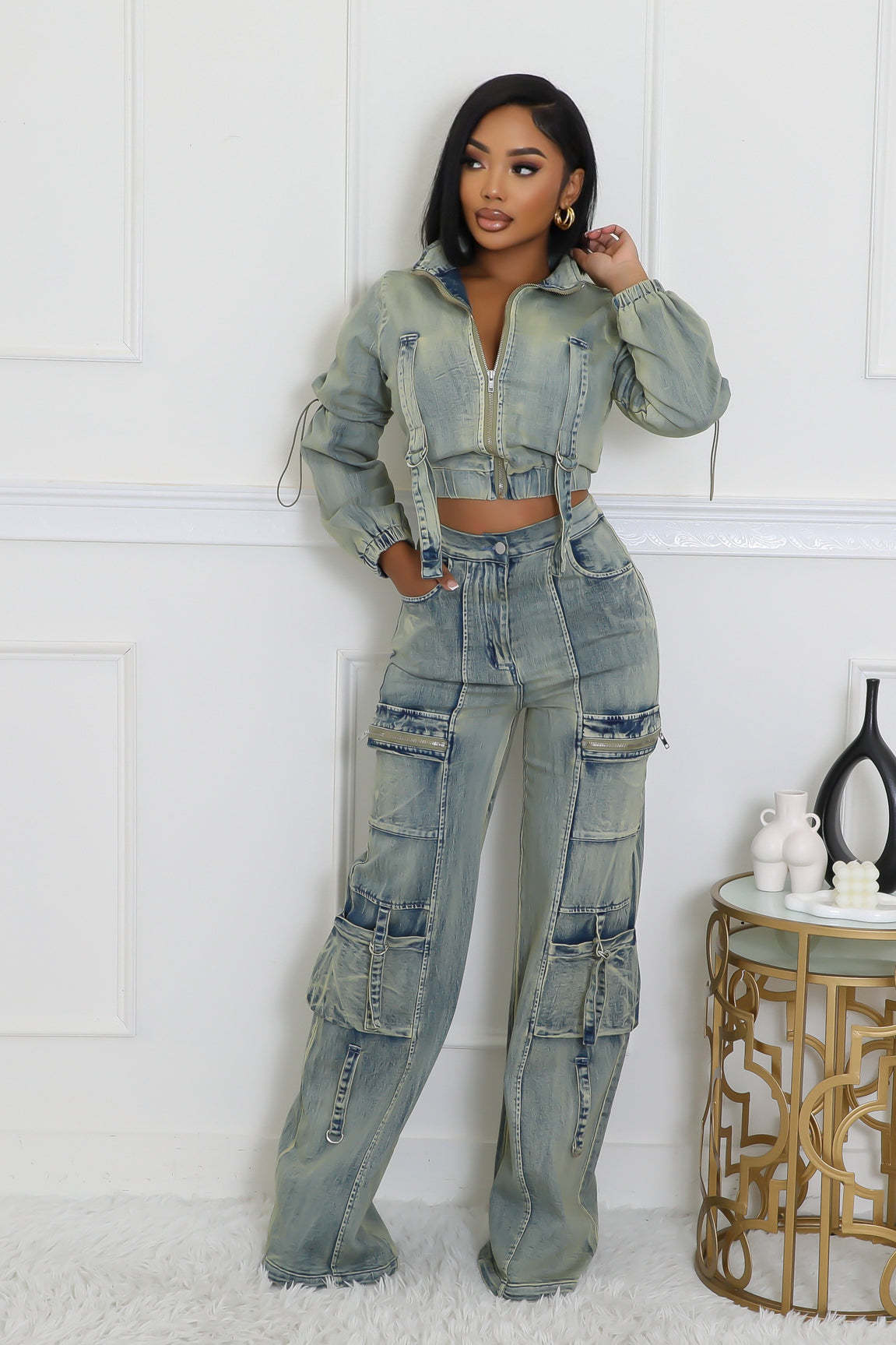Women's Fashion Sexy Multi-Pocket Washed Denim Casual Two-Piece Pants Set