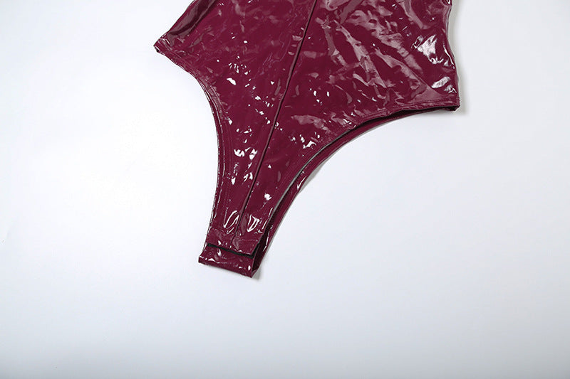 Women Sexy Pu Leather Halter Neck Backless Suspender Zipper Top and Pants Two-Piece Set 15