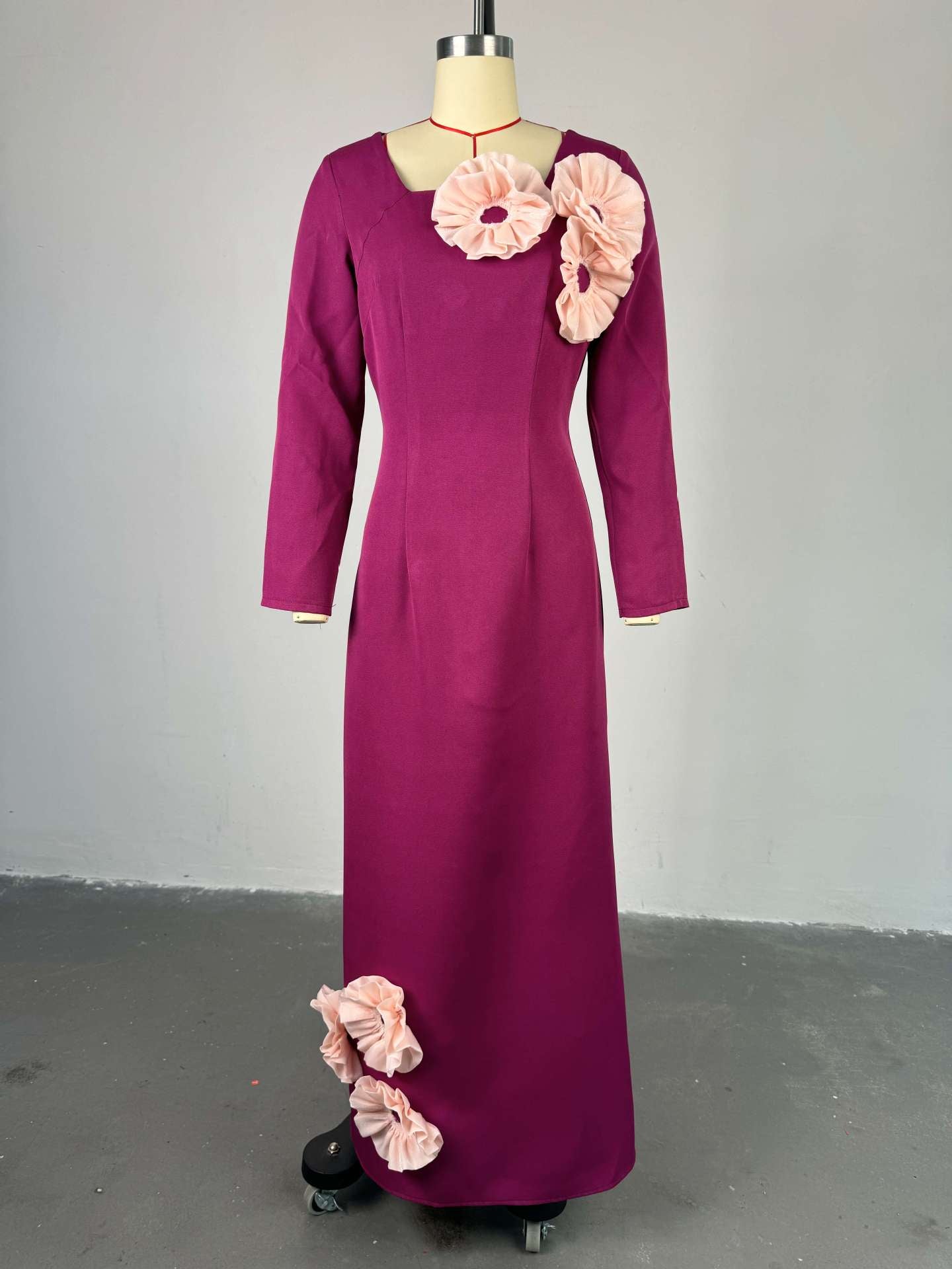 Women's Spring Chic Elegant Square Neck Flower High Waist Slim Fit long Dress 3