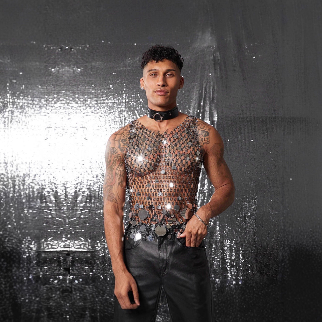 Men's Sexy Fishnet Sequin Charm Beach Tank Top 7