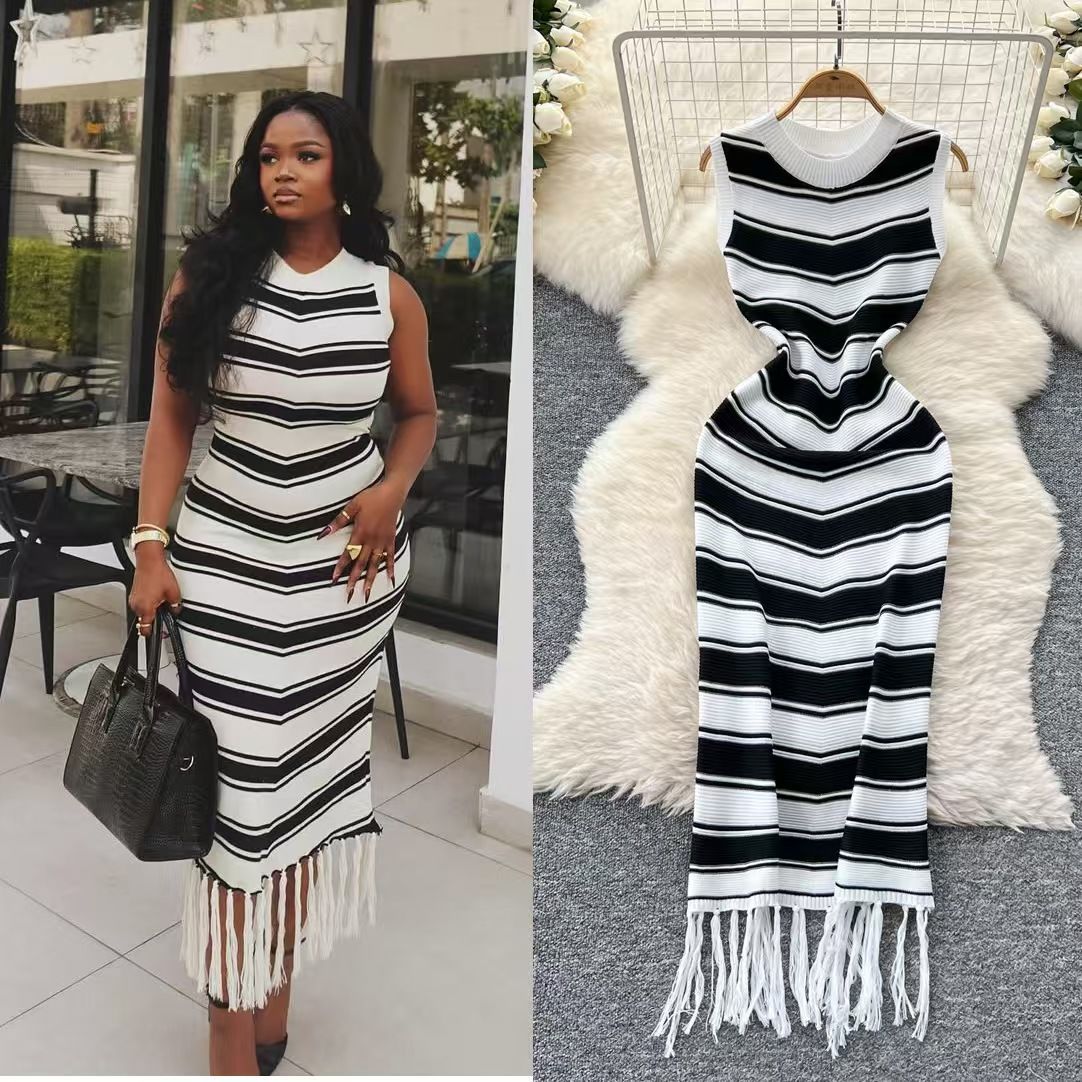 Sleeveless Color-Block Striped Knit Dress Summer Slim Fit Chic Bodycon Fringe Bodycon Dress 3