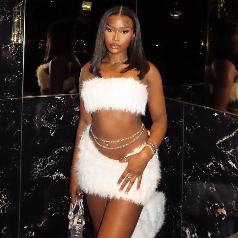 Women sexy furry chest wrap Top and Skirt two-piece set