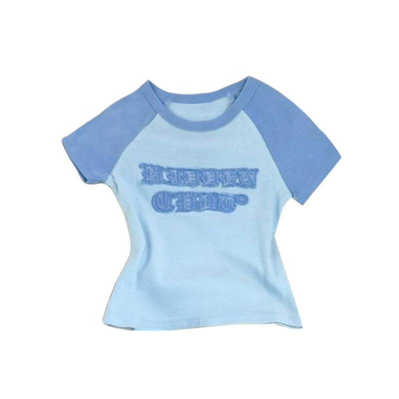 Women American style patchwork letter short-sleeved top and shorts two-piece set 17