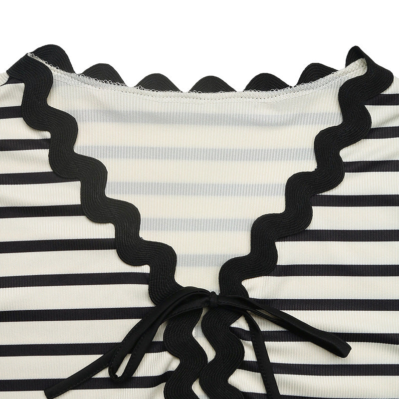 Women Casual Striped Lace Patchwork Top and Lace Shorts Two Piece Set 8