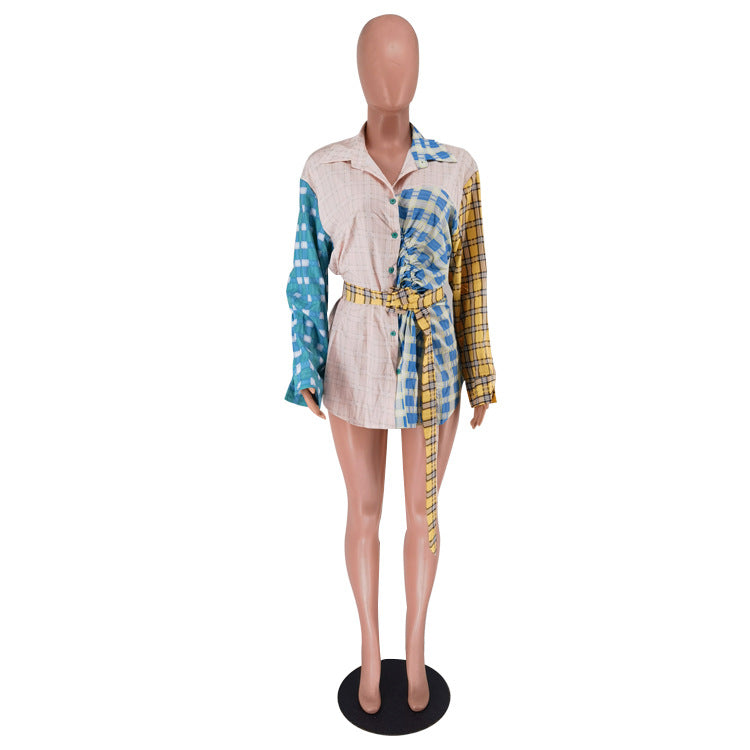 Women Fashion Printed Patchwork Long Sleeve Shirt (Including Belt) 11