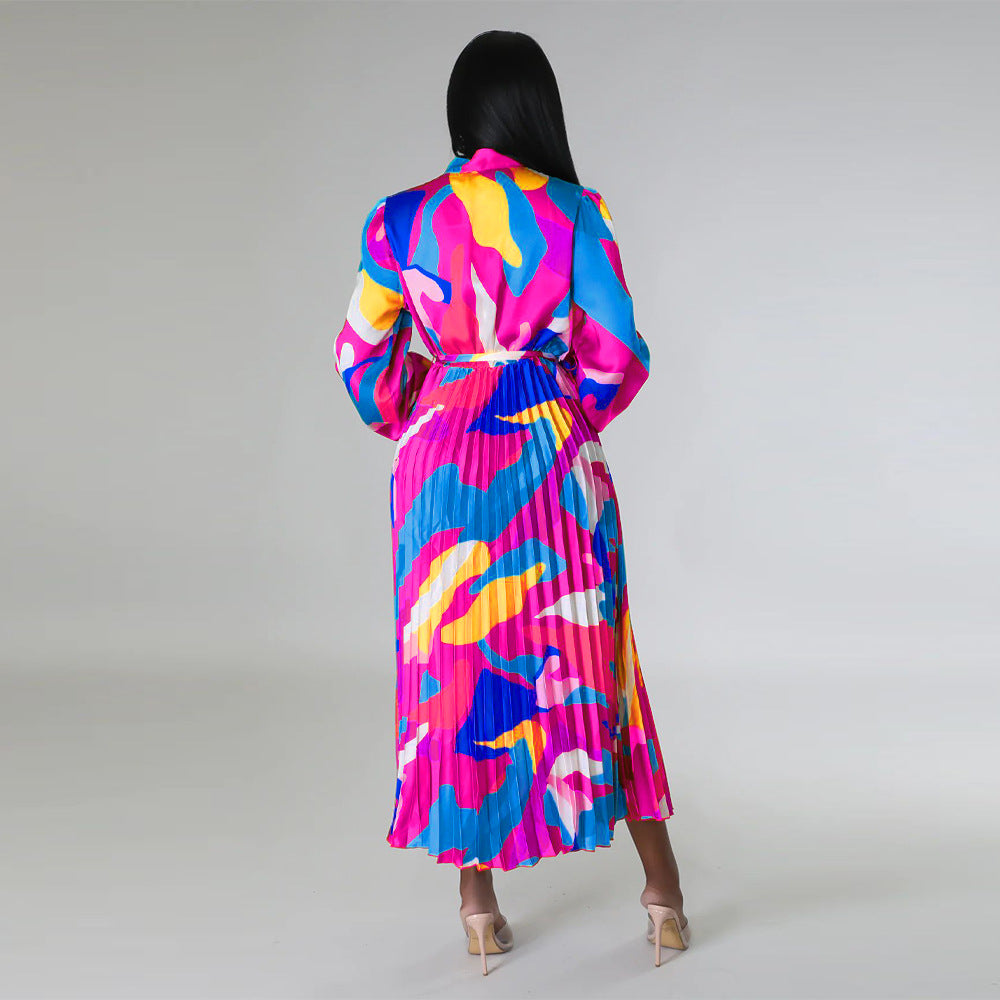 Women's Tie Long Sleeve Printed Pleated Dress 32