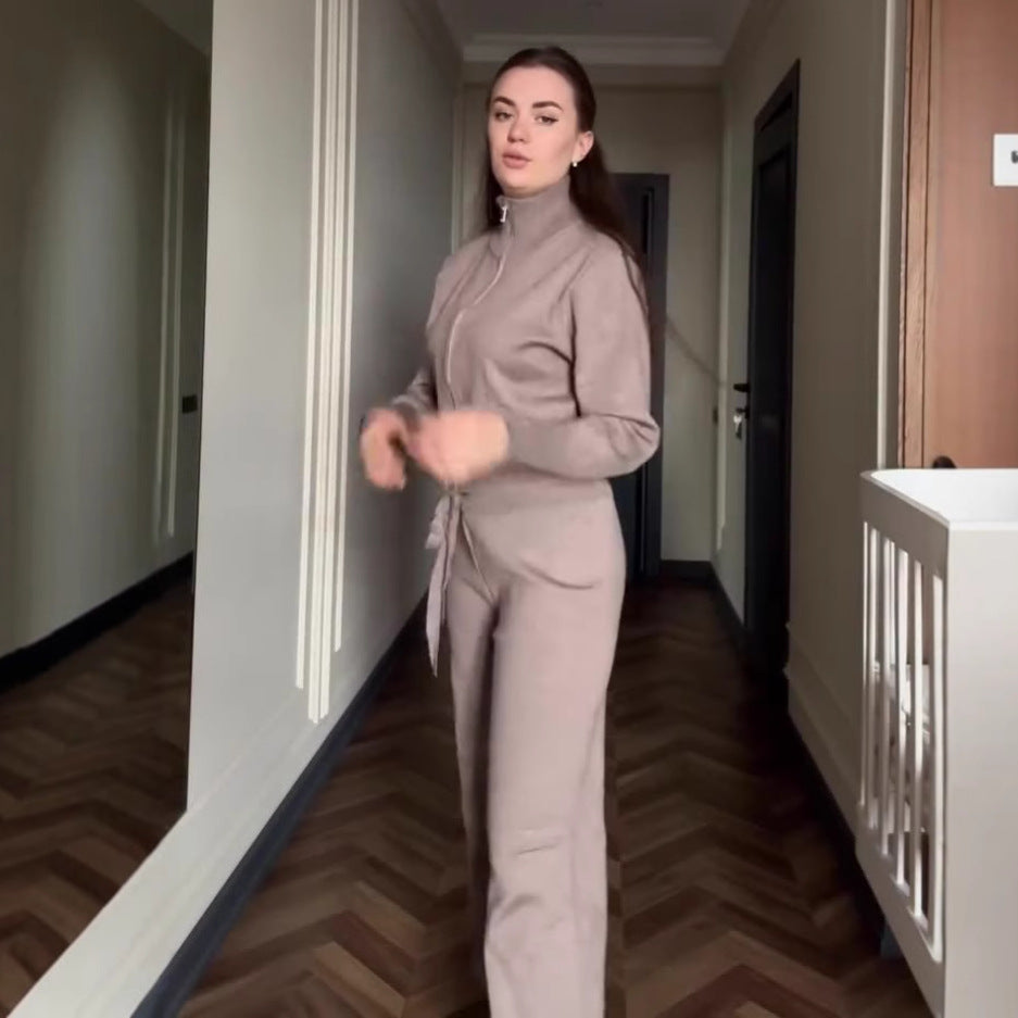 Women Fall Solid Crop Top And Pant Two-piece Set 5