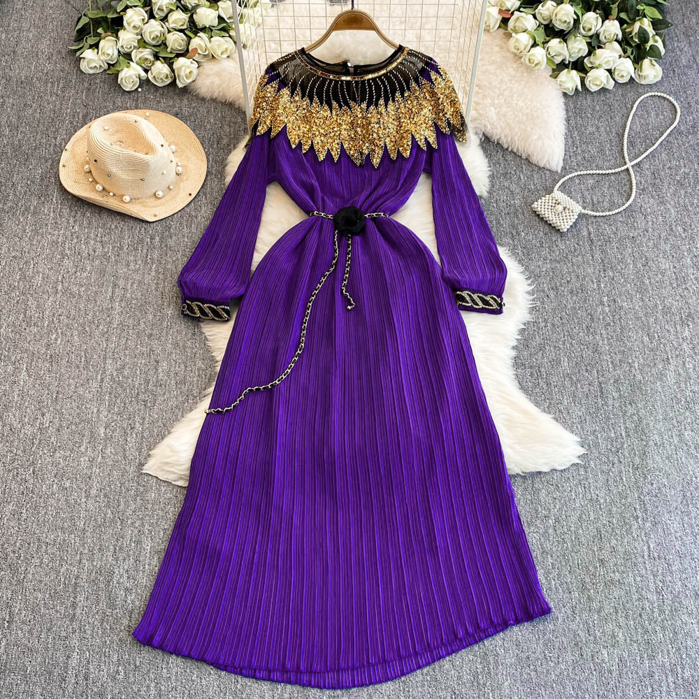 Luxury Sequin Cape Patch Slim Waist Pleated Loose Long Dress 17