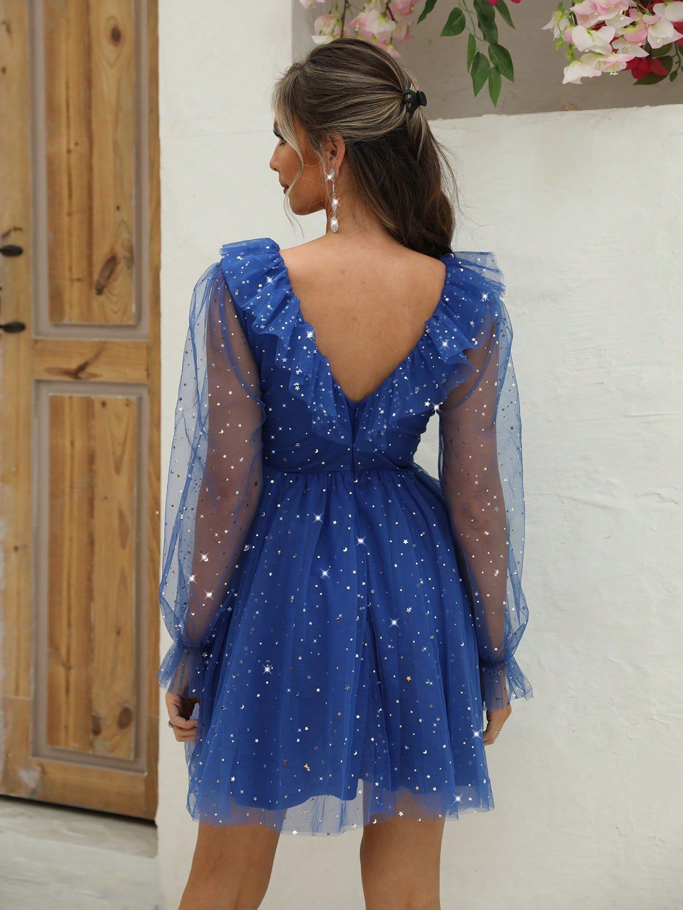 Women V-Neck Patchwork Mesh Formal Party Sequined Puff Sleeve Dress 3