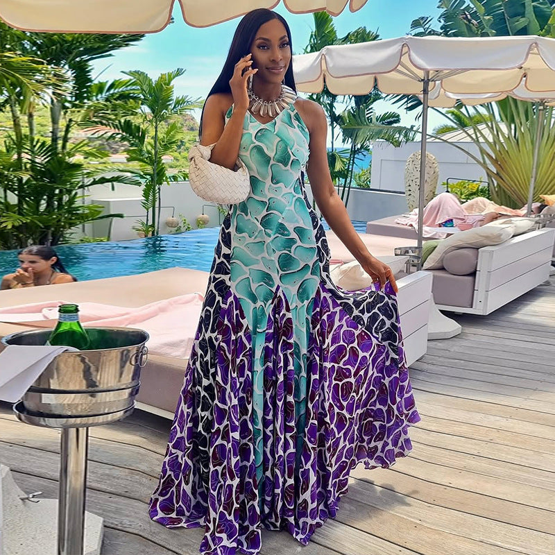 Fashion Printed Women's Patchwork Slim Waist A-Line Casual Chic V-Neck Maxi Dress 4