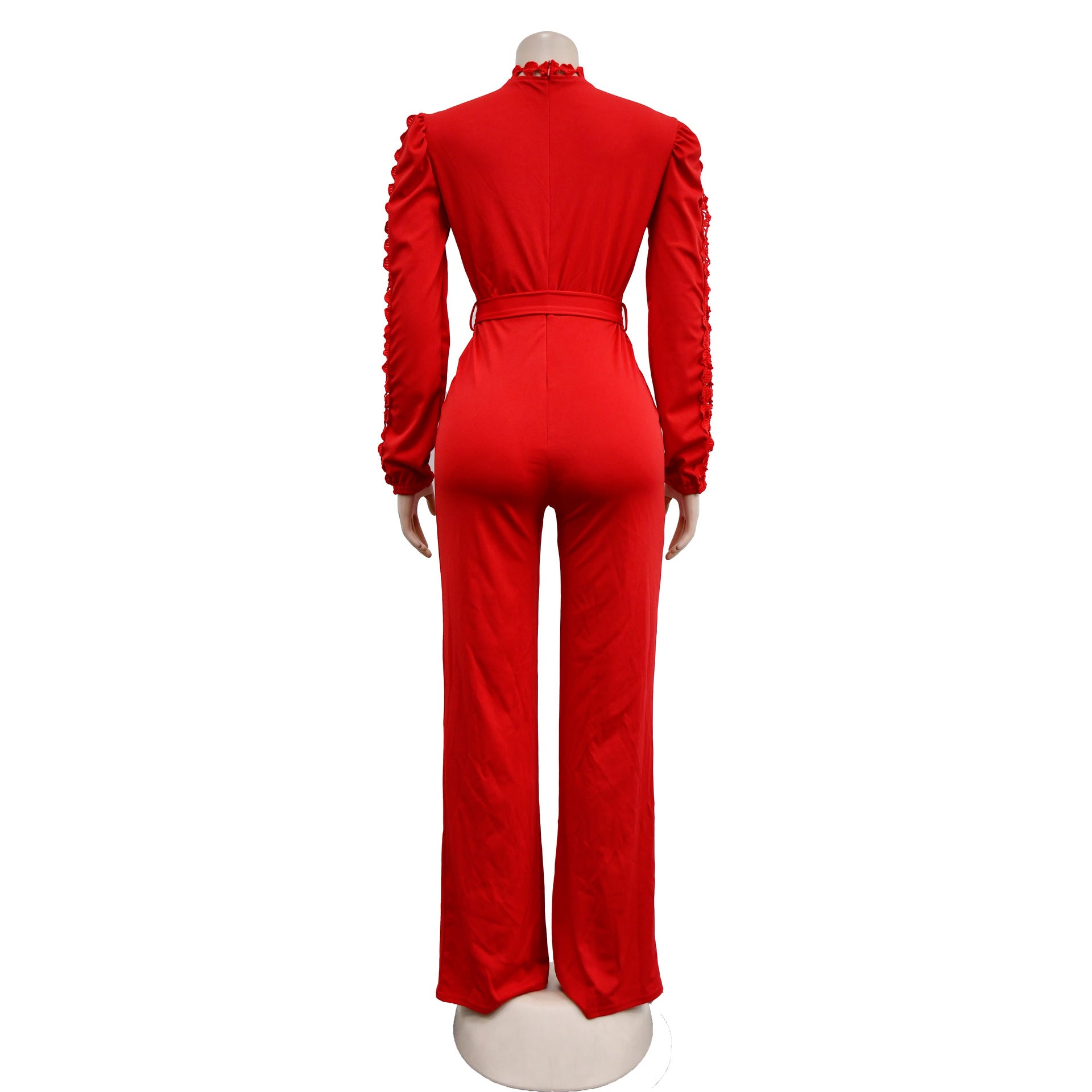 Women Belt Lace Cutout Solid Long Sleeve Jumpsuit 36