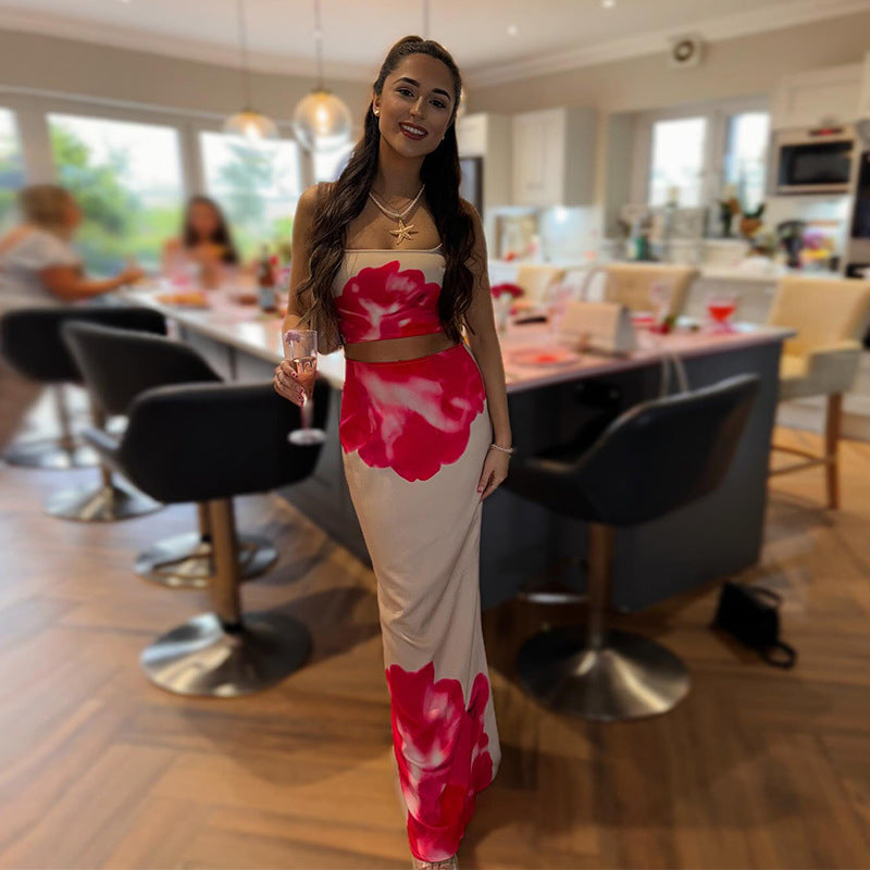 Women summer flower print sleeveless suspenders Crop Top and Long Skirt two-piece set 5