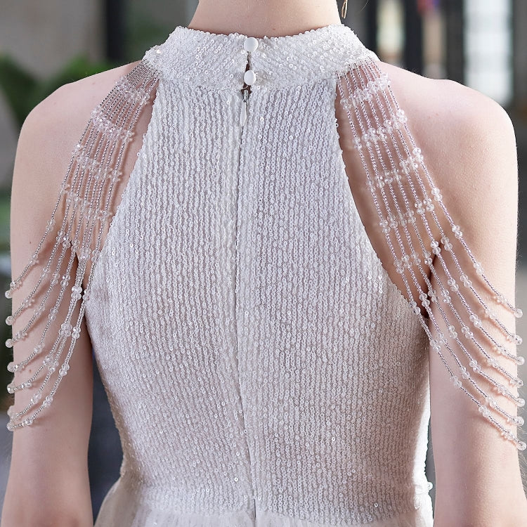 Summer Occassional White Sequin Mesh Patch Halter Evening Dress 6