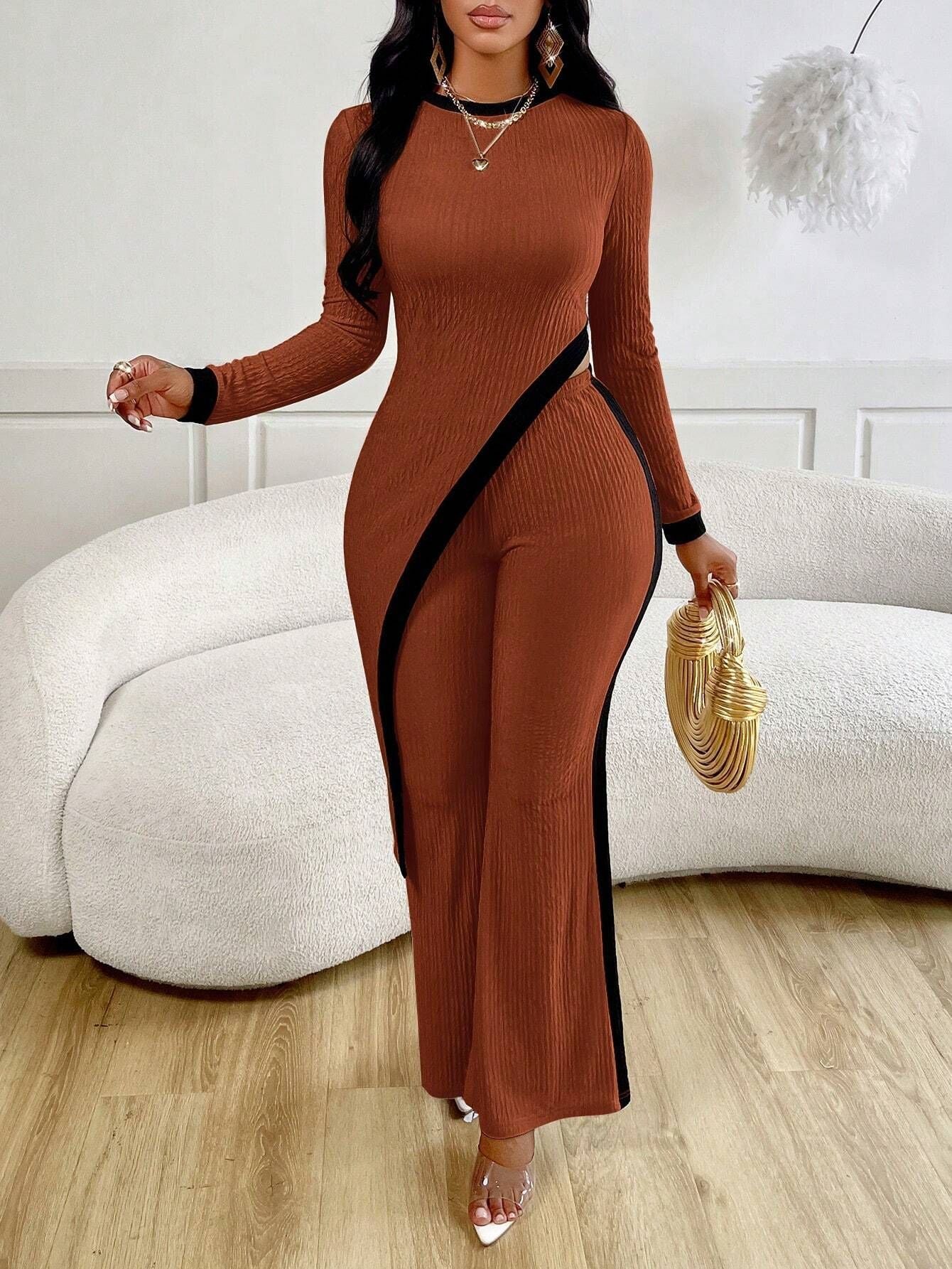 Autumn women's fashion long sleeve contrast color split T-shirt Patchwork trousers for women 4