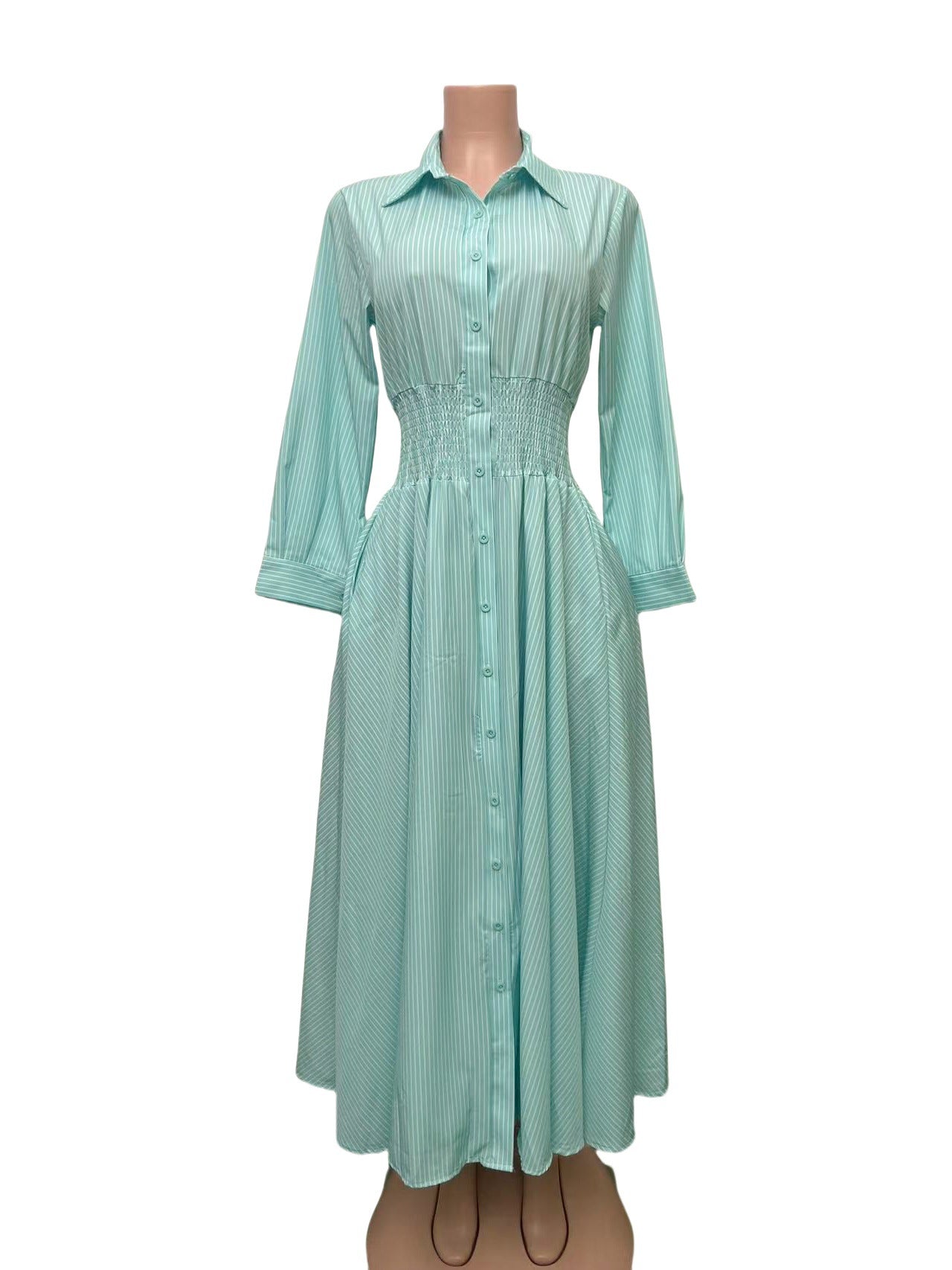 Striped Turndown Collar Long-Sleeve Button Slim Waist A-Line Gown 13