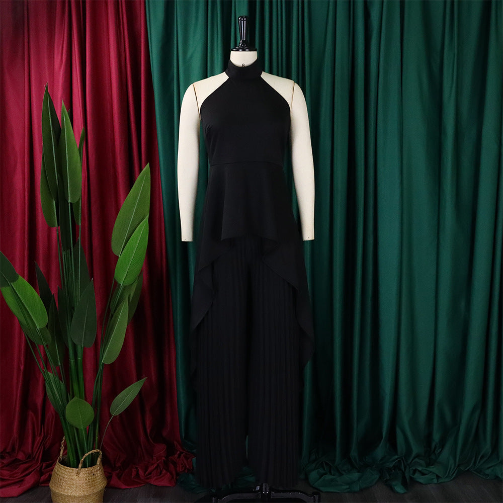 Women's OL Sleeveless Irregular Top Wide Leg Pants Two-Piece Suit 38