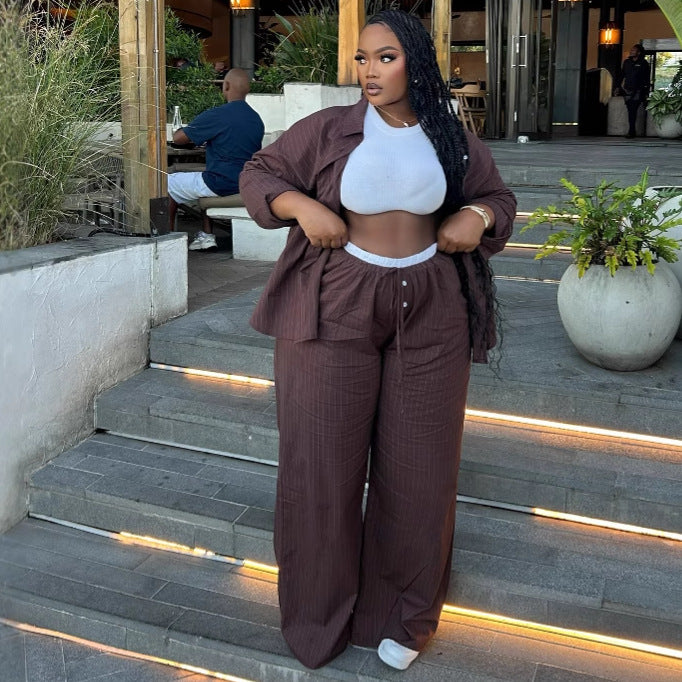 Plus Size High Waist Striped Shirt Trousers African Trendy Two Piece Set